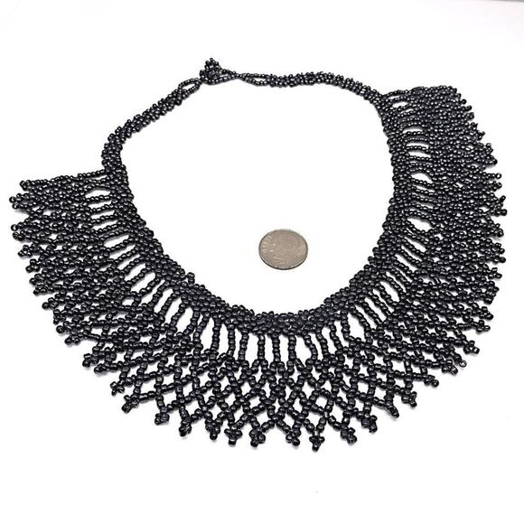 Artisan Beaded Collar Necklace, Metallic Dark Czech Glass Seed Beads, Hand-made - Picture 5 of 8